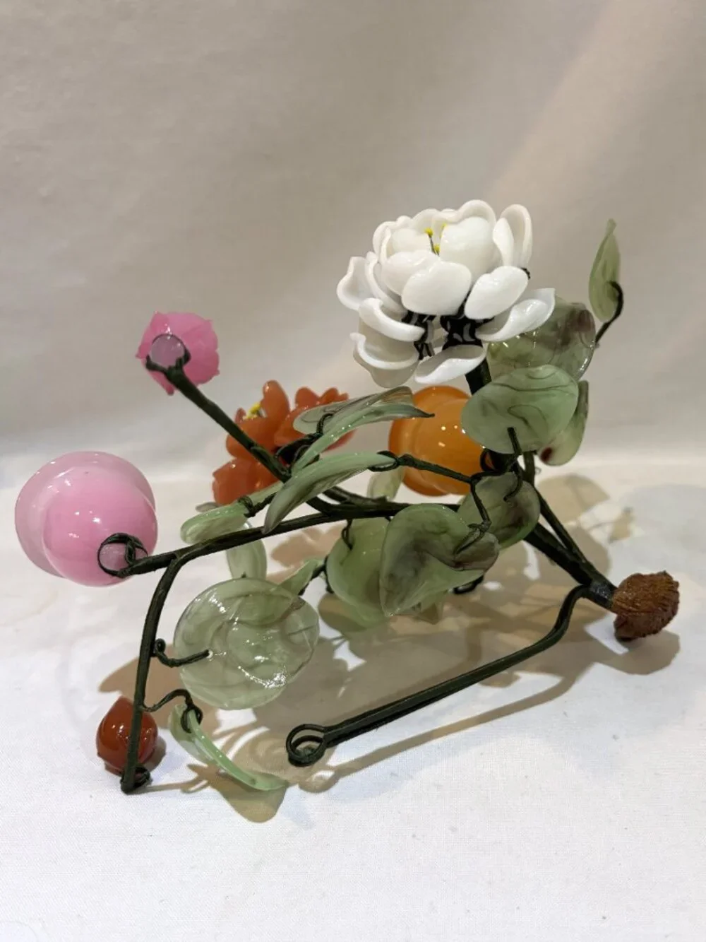 Vintage Hand Carved Jade & Stone Floral Candle Holder Centerpiece AS IS